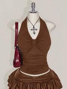 SHEIN ICON 加大码黑色露背吊带褶皱上衣，蝴蝶结，适合度假、音乐节、朋克风 - 棕色 - 查看 3