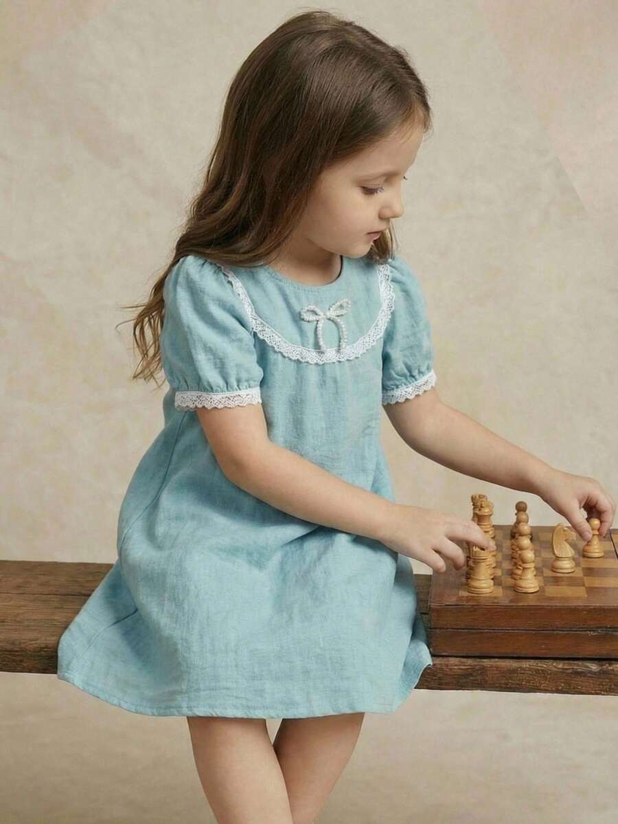 PrepCrw 1pc Young Girls' Elegant Pearl 3D Floral Decor Loose Fit Collared Linen Dress,Blue Summer 7th Birthday Dusty Blue Heirloom Cyan Kids Party Outings - Pink - View 1