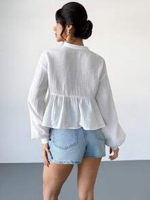 Rafferiza Áo sơ mi nữ dáng rộng tay ngắn, cổ chữ V, vai rớt, chất liệu crepe, chất liệu cotton nguyên chất, kiểu dáng thường ngày. - trắng - Xem 2