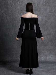 Glisette Off Shoulder Long Sleeve Fitted Waist Bodycon Maxi Dress With Shapewear Bustier - Black - View 2