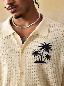 ROMWE MEN Street Life 男士椰子提花短袖单排扣休闲针织上衣 - 米色 - 查看 2