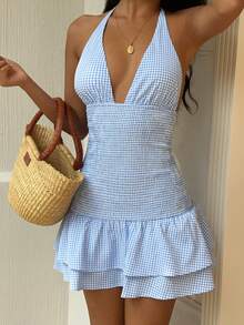 Sunnyshic 女士蓝色格子露背抽绳A字迷你连衣裙，时尚休闲度假沙滩装，适合日常穿着，春夏款 - 藍色 - 查看 5