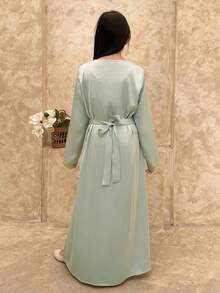 Dazy Kids 少女V领长袖纽扣设计连衣裙，饰有缎带滚边 - 綠色 - 查看 5