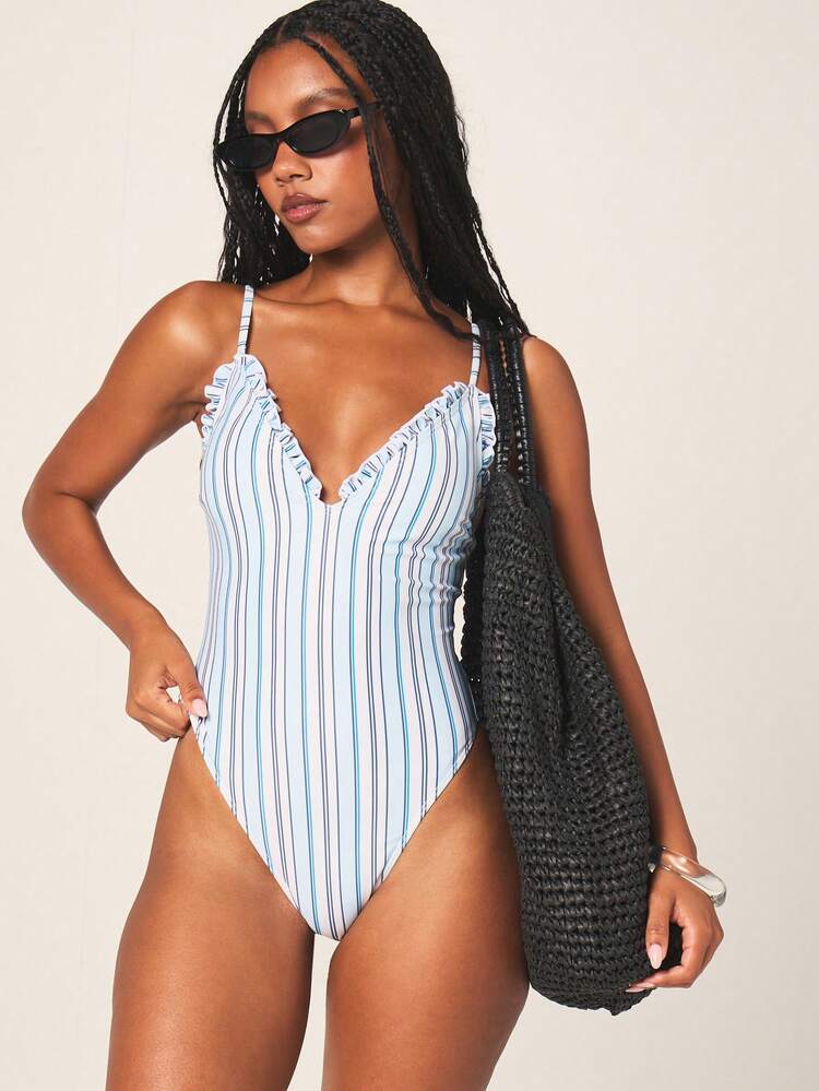 MISSGUIDED Striped One Piece Swimsuit With Ruffle Trim V Neck Spaghetti Straps Summer Beach Swimwear High Cut Legs Vintage Inspired Retro Style Pool Vacation Resort
