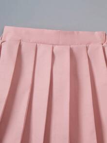 SHEIN Casuvi Kids Cute Young Girls Pink Pleated Short Skirt And Letter Pattern Short Sleeve Round Neck Tee Co-Ord Set - Pink - View 4