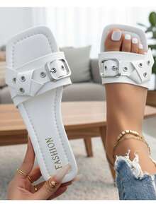 Sandalias planas con punta cuadrada con hebilla - blanco - Ver 2