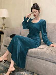 DAZY Robe mi-longue à manches longues avec patchwork de sequins pour femmes - lac bleu - Voir 4