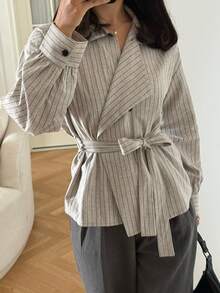 DAZY Chaqueta regular con cinturón y cuello a rayas para mujer, primavera/verano - Albaricoque - Ver 8