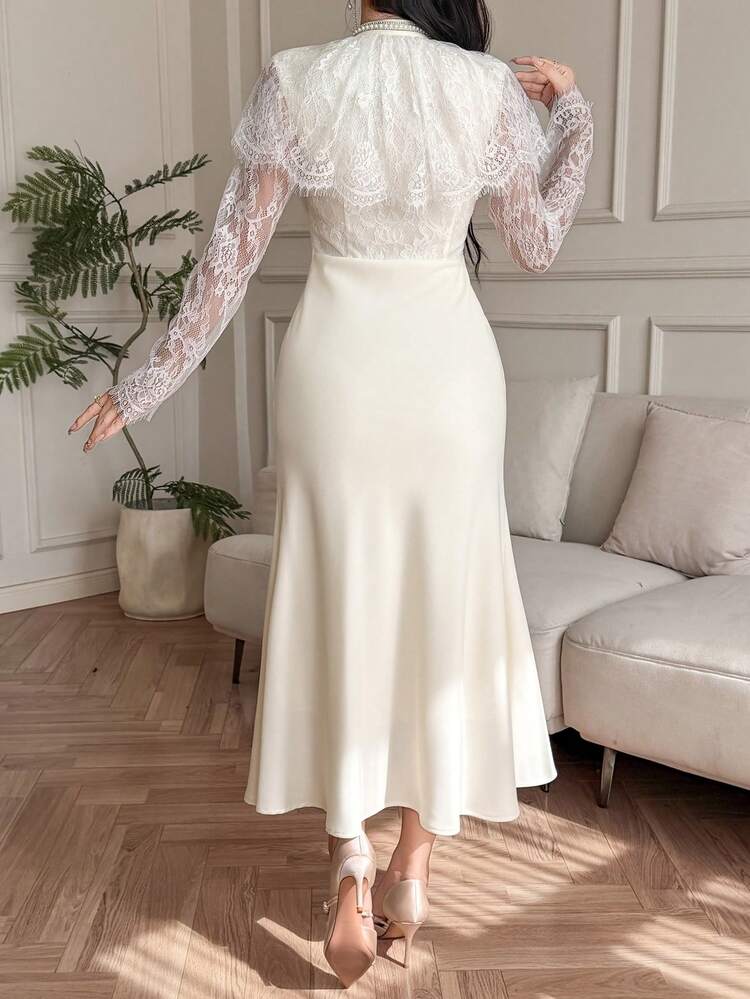 Women's Elegant Lace Patchwork Ruffle Tie Waist Dress, Spring/Summer Wedding Guest Dress Sundress