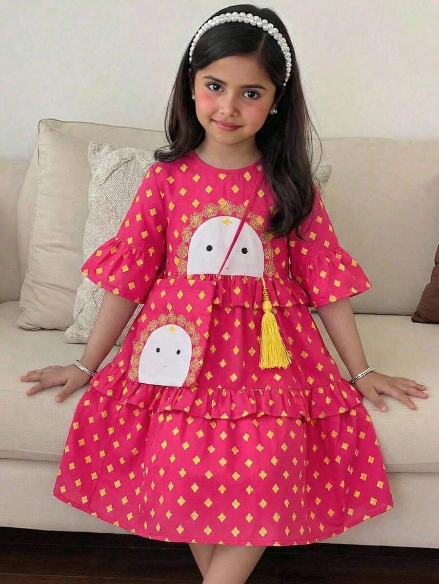 SHEIN Vestido de princesa con cuello redondo, volantes en el bajo y bolso, con estampado de dibujos animados lindo para niña, adecuado para primavera/verano, uso diario, festivales, reuniones familiares y ocasiones especiales - Rosa Fucsia - Ver 1