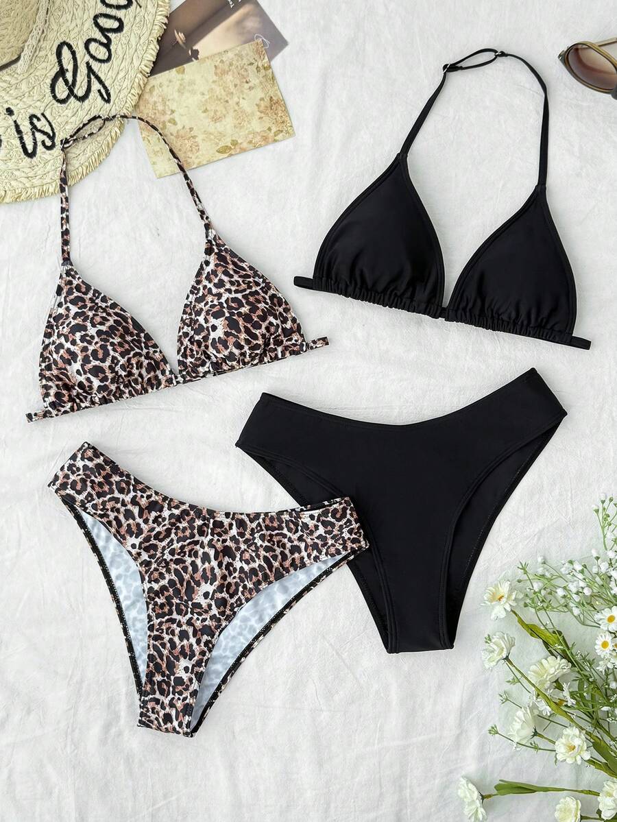 SHEIN 4 قطع/مجموعة بيكيني للمراهقات للصيف والعطلات الشاطئية، طبعة نمر + أسود سادة كامسول - متعدد الألوان - مشاهدة 1