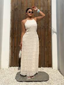 Dazy Plus Chiffon Mesh Sexy Lace-Up Backless Dress, Vacation Style, White - White - View 6