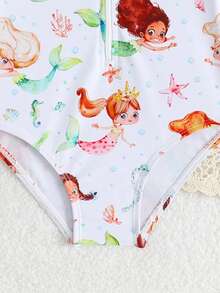 Baby Girl Cartoon Mermaid Print Patchwork Ruffle Trim Zipper Front One-Piece Swimsuit - Multicolor - View 4