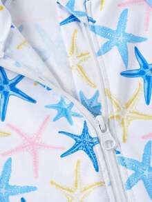 SHEIN Teen Girls Starfish Print One Piece Swimsuit,Summer Beach Holiday Modest Short Sleeve Rash Guard Bathing Suit For Tweens Young Girls With Zipper - Multicolor - View 3