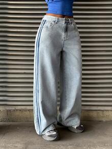 StreetHx 女士休闲时尚百搭街头风阔腿牛仔裤 - 淺色水洗藍 - 查看 3