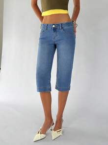TRNVIE Fashionable Casual Wide Leg Opening Slit Low Waist 7/8 Length Jeans - Medium Wash - View 1
