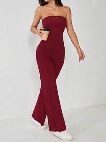 SHEIN PETITE 女士纯色简约日常无肩带喇叭连体裤 - 酒紅色 - 查看 10