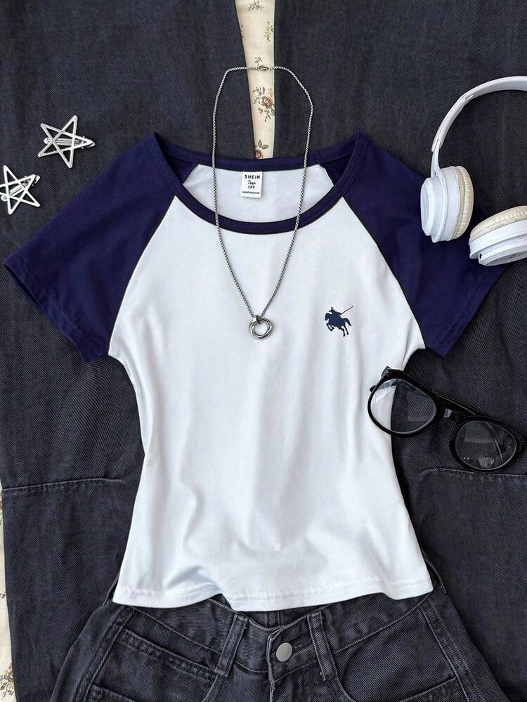 SHEIN 少女撞色插肩袖印花休闲T恤，蓝白配色，春夏款 - 寶藍色 - 查看 4