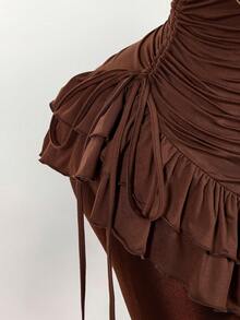Amplova Ruffled High Neck Asymmetric Hem Cinched Waist Mini Dress - Brown - View 8