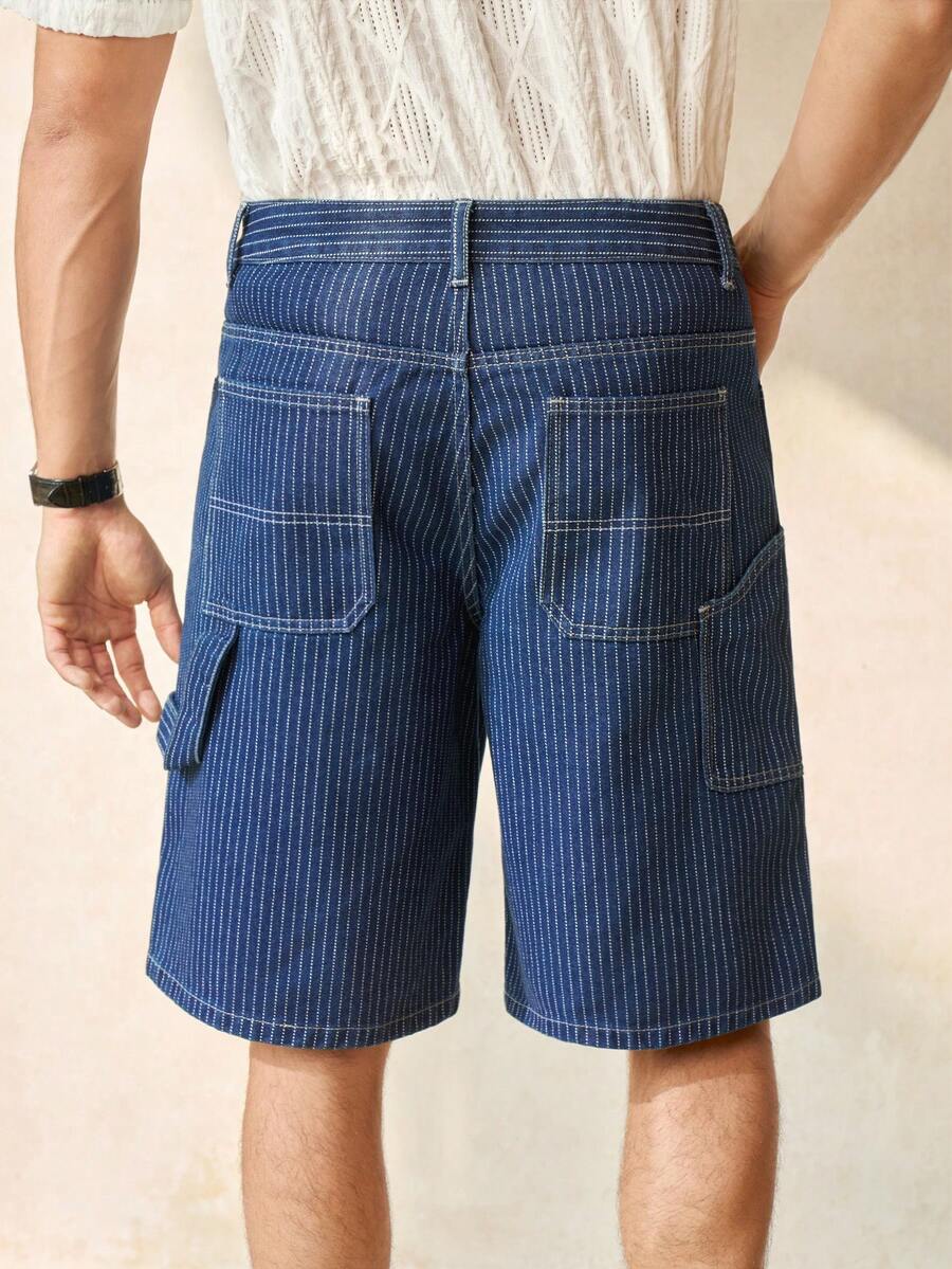 RONVEXI Men's Casual Striped Blue Denim Shorts - Dark Wash - View 1