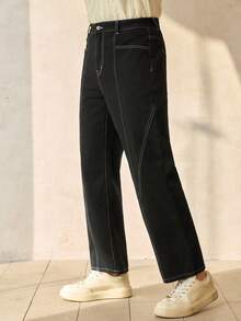 Manfinity Homme Men's Casual Loose Fit Patchwork Denim Wide Leg Pants With Pockets - Black - View 6