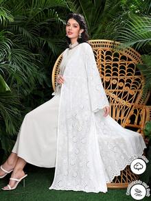 SHEIN Najma Spring/Summer Fashionable Casual Long Cotton Embroidered Open-Front Long Sleeve Wide-Hem Robe/Outerwear - White - View 3
