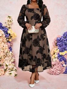 SHEIN Lady Elegant Spring Formal Wedding Dresses,Shades Of Brown Vintage Embroidery Square Neck Ball Gown Modest Plus Size Long Bishop Sleeve Cocktail Party - Pink - View 5