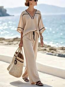 Breezaya 2件套夏季度假休闲黑色滚边七分袖上衣和裤子套装，春夏款 - 杏色 - 查看 1