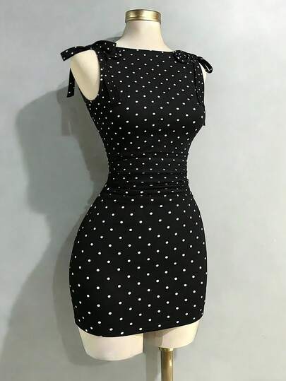 Sweetra Black & White Polka Dot Sleeveless Bow Tie Shoulder Ruched Waist Fitted Short Elegant Dress For Women, Autumn/Winter