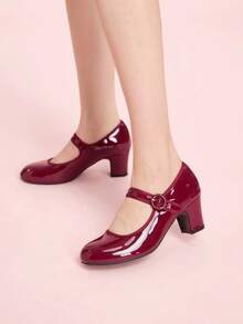 CUCCOO DOLLMOD Women's Round Toe Patent Leather Maryjane Pumps, Burgundy, Sweet School Style, Versatile High Heels - Burgundy - View 5