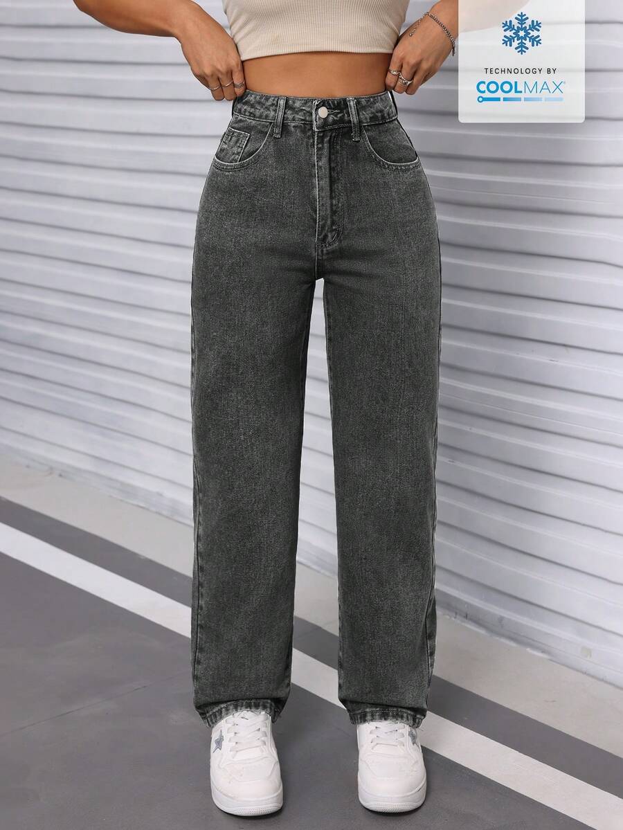 SHEIN PETITE 女款純色極簡日常牛仔褲，適合嬌小女性 - 灰色 - 查看 1