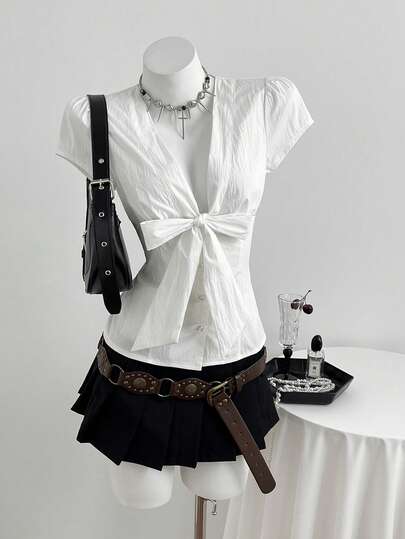 Elamini 甜美深V泡泡袖蝴蝶结腰部短袖女式衬衫