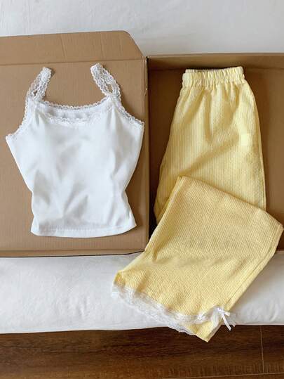 Teenage Girls' Spring/Summer Vacation Casual All-Match Versatile Lazy Lace Bow Shorts Top Vest And Loose Yellow Plaid Pants 2-Piece Set