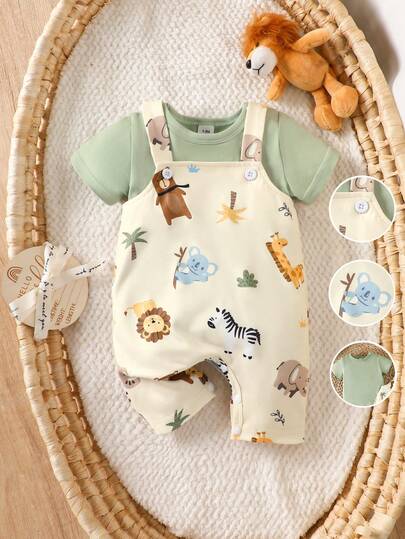 SHEIN Unisex Baby Clothing Set, Soft & Skin-Friendly Fabric, Green Minimalist Top + Cute Lion & Giraffe Print Overalls, Suitable For Daily Wear Or Outdoor Play, 2 Pieces Set Neutral Baby Clothes Newborn Baby Clothes Unisex Baby Romper Newborn Clothes Set Newborn Clothes Set Unisex Gender Neutral Baby Clothes