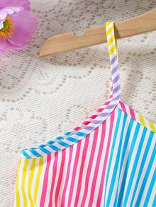 SHEIN Explorewe Young Girl' Multicolor Rainbow Striped Snug Fit Waist Strap Dress, Suitable For Daily Outings, Beach, Vacation - Multicolor - View 7