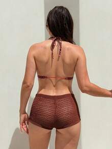 Swim Vcay Quần short đi biển dệt kim kiểu dáng thời trang, thanh lịch, họa tiết cây dừa 3D dành cho nữ, thích hợp cho kỳ nghỉ. - Cà phê nâu - Xem 3
