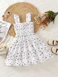Elladie kids 女童碎花度假连衣裙，甜美粉白拼接，精致荷叶袖，适合4-7岁女童，非常适合度假、海滩、日常穿着，春夏皆宜。 - 白色 - 查看 2