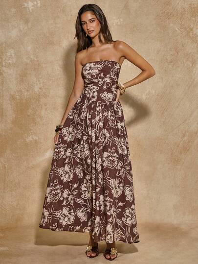 SHEIN BAE Women's Casual Floral Print Dress, Suitable For Vacation, Beach, Hangout With Friends, Bohemian, Vacation Graphic Dress, Long Graphic Dress, Beach Vacation Dress, Casual Vacation Dress, Elegant Casual Occasion