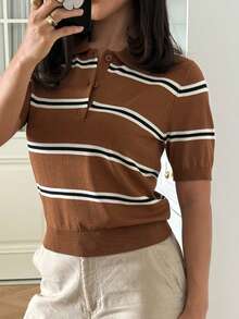 DAZY 女士条纹印花半拉链套头短袖针织衫 - 咖啡棕 - 查看 6