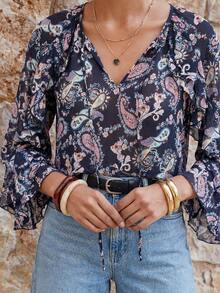 Maija Navy Blue Paisley Pattern Ruffle Hem Loose Vacation Blouse For Women - Multicolor - View 3