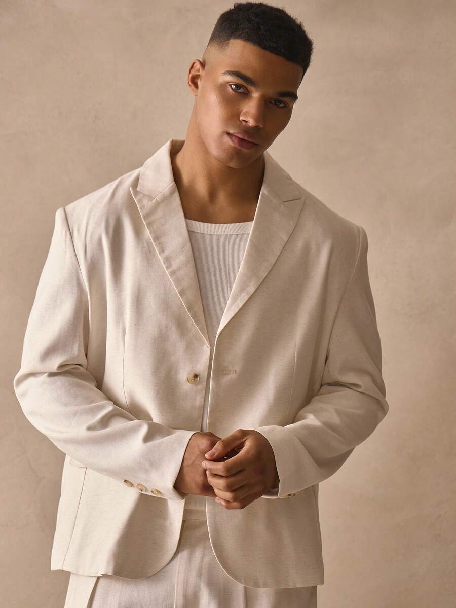 Musero Long Sleeve Lined Revere Collar Linen Blazer Jacket Double Flap Pocket Tailoring Spring Summer Essentials - Apricot - View 1