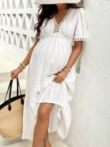 SHEIN 孕妇夏季休闲度假纹理荷叶边下摆连衣裙 - 白色 - 查看 6