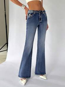 TRNVIE 女士休闲时尚街头日常通勤低腰喇叭牛仔裤 - 中等水洗藍 - 查看 4