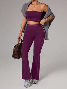 Dewbera Dewbera Ensemble de sport femme avec Top bandeau court et pantalon - Prune - Voir 3