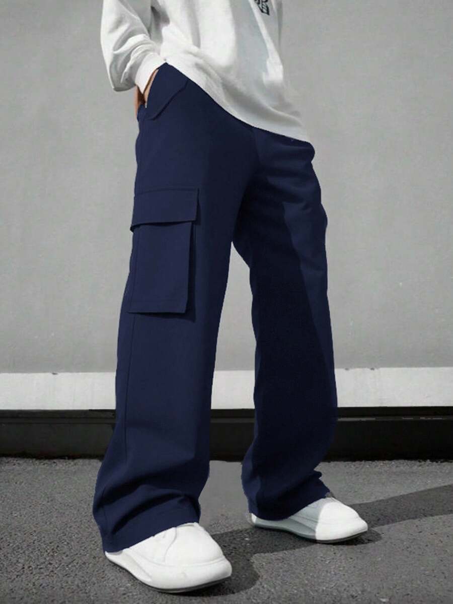 SHEIN Teens/Youth Casual Solid Color Cargo Pants With Decorative Details, Minimalist All-Match Style Suitable For Commuting, School, Daily Casual, Travel, Outdoor, Party, Autumn/Winter - Navy Blue - View 1