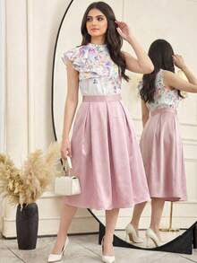 SHEIN 2pcs/Set Teen Girl Elegant Floral Print Shirt With Ruffle Hem & Ruched Flare Skirt, Teen Skirts Sets, 2 Piece Sets Skirts,Kids - Pink - View 4