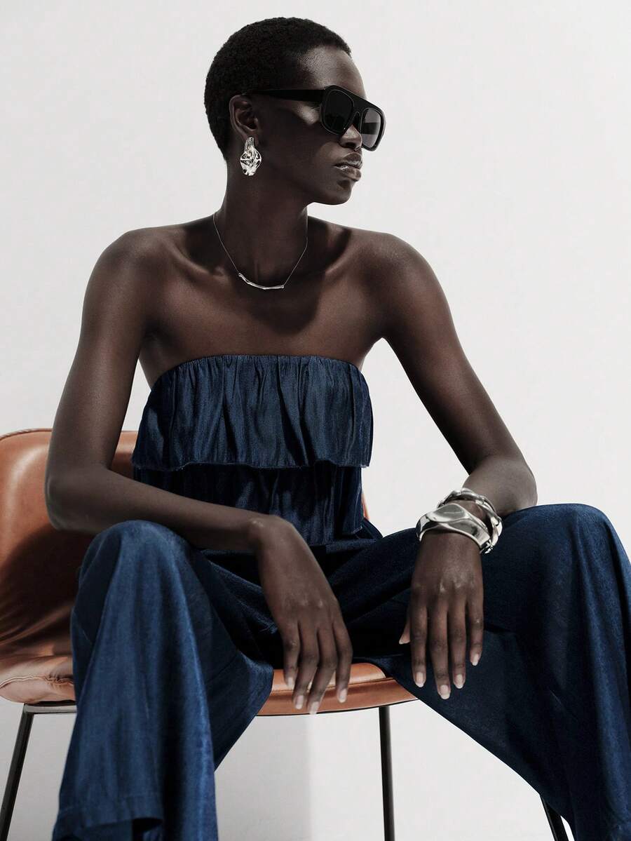 Lumivelle 女士春夏新款连体裤，牛仔效果荷叶边拼接多层蛋糕裙摆阔腿裹胸连体裤 - 藏蓝色 - 查看 1