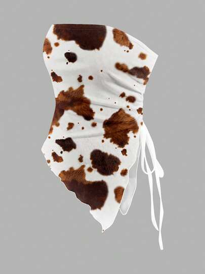 SHEIN MOD 女士休闲奶牛纹不对称下摆抹胸上衣，适合夏季、海滩、音乐节、春假和度假氛围。是日常休闲穿着、外出、海滩、波西米亚音乐节、婚礼宾客造型、派对、西部音乐节、海岛女孩复古风、海滨度假、浪漫之旅的理想之选。