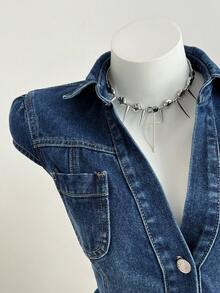 Elamini 女士翻领单排扣修身约会派对牛仔连衣裙 - 深色水洗藍 - 查看 4