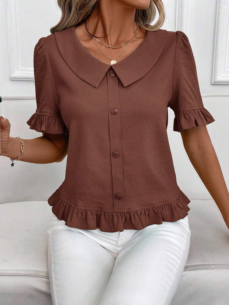 SHEIN Clasi Áo nữ tay ngắn, màu trơn, cài cúc phía trước, kiểu dáng thường ngày, thích hợp mặc đi chơi, mùa hè.